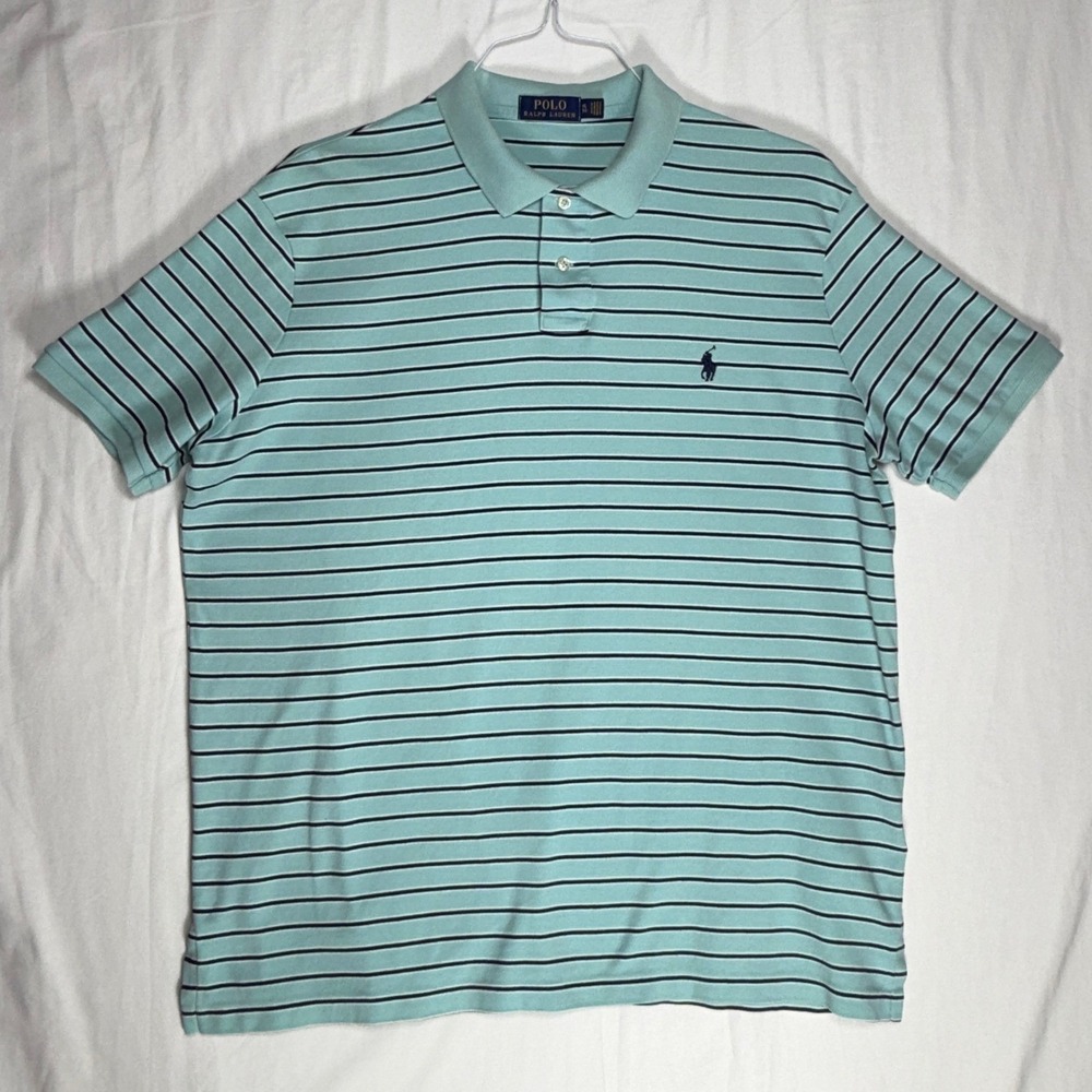Polo Ralph Lauren Mens‎ Striped Short Sleeve Polo Shirt Aqua Navy XL - Picture 2 of 10